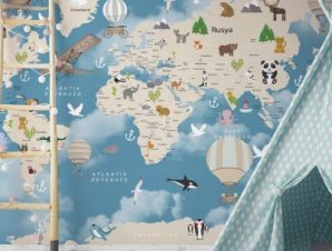 Χάρτης με ζώα και αεροπλάνα, Παιδικά, Ταπετσαρίες Τοίχου, 100 x 100 εκ.